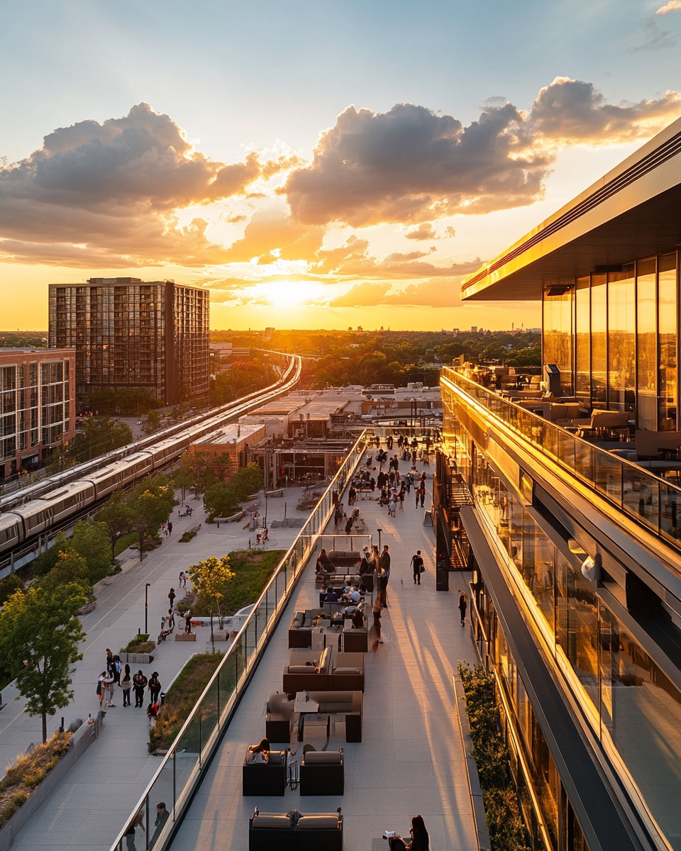 MetroScape Loudoun rooftop terrace overlooking district at sunset — conceptual rendering